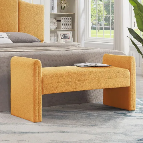 Miniatura 9 de 24KF Banco de Cama Tapizado Moderno Cubierto con Suave Tela Boucle Teddy, Hermoso Banco Otomano de Entrada con Reposabrazos, 5062-Negro
