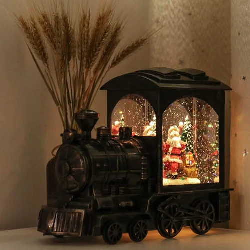 Miniatura 5 de GenSwin Linterna de globo de nieve con tren iluminado con música, nieve de agua, brillante, funciona con pilas, con temporizador, decoración musical