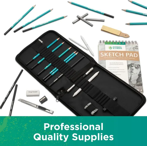 Miniatura 3 de Norberg & Linden XL Set de Dibujo - Lápices para Bocetos, Grafito y Carbón. Incluye Cuaderno de Dibujo de 100 Páginas, Borrador de Arcilla, Estopa