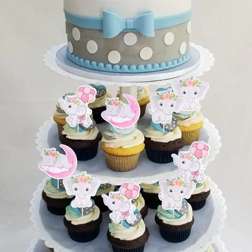 Miniatura 4 de Paquete de 24 decoraciones para cupcakes de elefante Oh Baby con purpurina para decoración de cupcakes de elefante Oh Baby Baby para cumpleaños