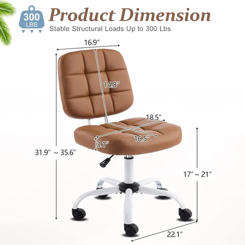 Miniatura 2 de VINGLI Silla de escritorio pequeña compacta, bonita silla sin brazos con ruedas, silla de tocador con respaldo bajo, silla de trabajo de altura Café