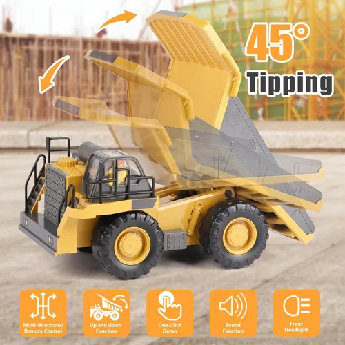 Miniatura 7 de PREPOP Camión volquete RC para niños, camión de construcción a control remoto con cama de metal, luces y sonidos, para niños de 6 a 10 años