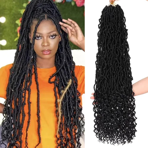 Miniatura 41 de Leeven 7 paquetes de rastas sintéticas con extremos rizados de 18 pulgadas, rastas de diosa preenrolladas para cabello de ganchillo, 84 hebras 1b#