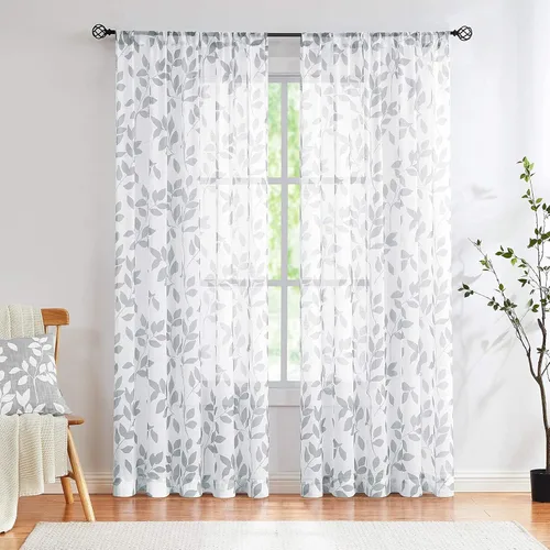 Miniatura 17 de Treatmentex Cortinas blancas y grises para dormitorio de 84 pulgadas de largo, cortinas semitransparentes con estampado de hojas para ventanas