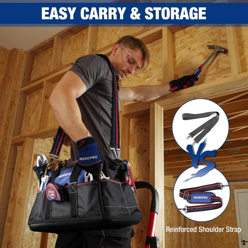Miniatura 5 de WORKPRO - Bolso de herramientas de 16 pulgadas con abertura ancha, tela resistente con base moldeada impermeable, correa de hombro ajustable Azul