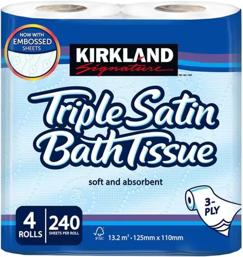 Kirkland Signature Triple Satin - Rollo de papel higiénico de 3 capas, 4 rollos de papel higiénico, 1 paquete, color blanco, 1 paquete