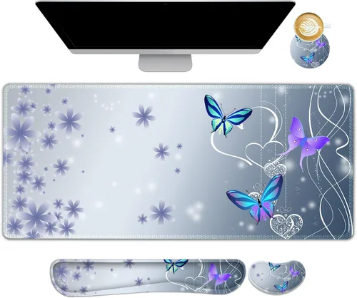 Miniatura 23 de Juego de alfombrilla de mouse grande para juegos, 4 en 1, alfombrilla de escritorio extendida para teclado con reposamuñecas, juego de alfombrilla