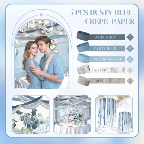 Miniatura 7 de NICROLANDEE 5 rollos de serpentinas de papel crepé azul polvoriento, gris, plateado, para decoración de bodas, guirnalda de papel para decoración