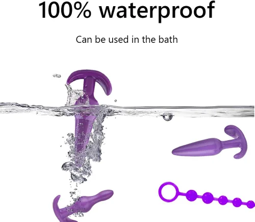 Miniatura 2 de Juego de 6 tapones anales de silicona impermeables para mujeres y hombres, con kit de enchufe de cuentas, paquete de 6 tapones anales, color morado
