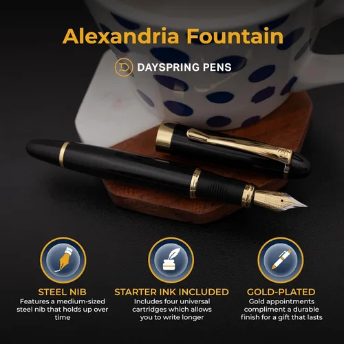 Miniatura 4 de Dayspring Pens Alexandria - Pluma estilográfica negra con borde dorado, punta media, convertidor de tinta y cartuchos de inicio incluidos, grabado