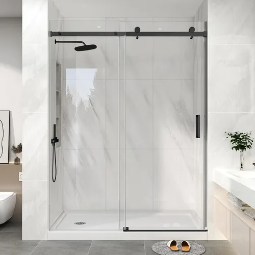 KPUY Puerta de regadera sin marco, 43-48" de ancho x 76" de alto, puerta de regadera corrediza de vidrio, vidrio templado transparente de 1/4" (6mm)