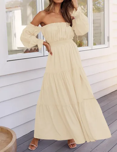 Miniatura 58 de ZESICA - Vestido largo, bohemio y sexy, con hombros descubiertos y manga larga fruncida, con elástico fruncido, cintura alta y abertura lateral