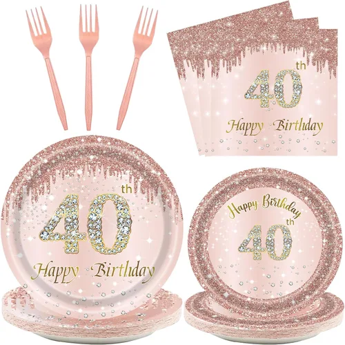 Miniatura 15 de 24 juegos de decoración de fiesta de cumpleaños número 13 de oro rosa para niñas, platos y servilletas para el cumpleaños número 13, tenedores