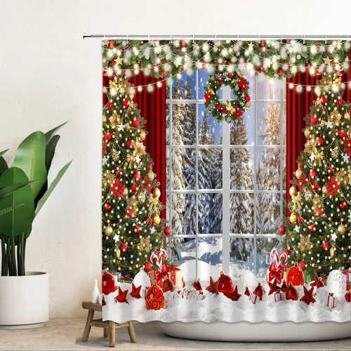 Miniatura 2 de Cortina de ducha de Navidad con ventana, cortinas de escena para baño, decoración de invierno, árbol de Navidad brillante, bañeras de baño, cortinas