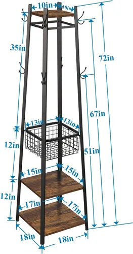 Miniatura 6 de VECELO Perchero industrial, soporte de ropa de Enterway con estantes de almacenamiento de 2 niveles y cesta de metal, árboles de pasillo mejorados