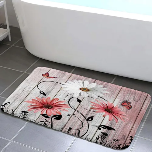 Miniatura 10 de Alfombra de baño rústica blanca floral, flores y mariposas en tabla de madera vieja, antideslizante, juego de alfombras de baño vintage