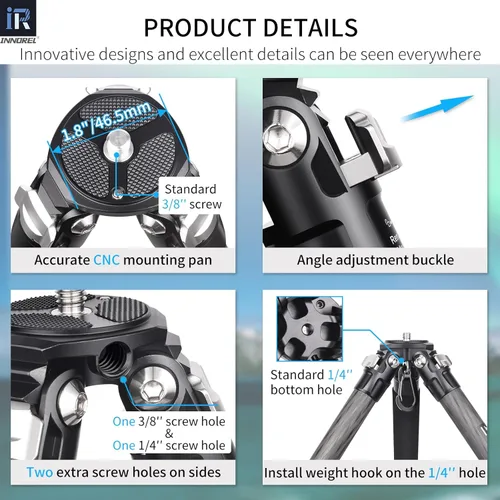 Miniatura 4 de Trípode de fibra de carbono Monopod INNOREL KT254C Trípode de viaje compacto portátil profesional para cámara DSLR, soporte de soporte de tubo