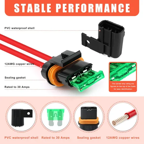 Miniatura 3 de Zhushan Juego de 6 portafusibles en línea 12V a prueba de agua – Portafusibles de cuchilla ATO/ATC de 12AWG con cubierta – Juego de fusibles