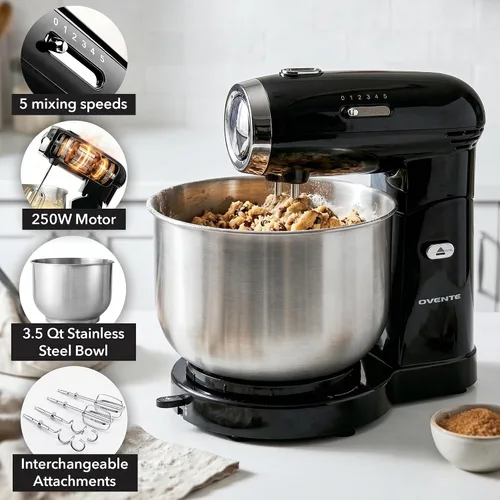 Miniatura 2 de OVENTE Batidora eléctrica de pie con cuenco de acero inoxidable de 3.5 cuartos de galón, mezclador de cocina portátil y ligero de 5 velocidades