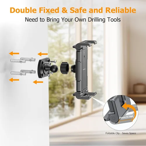 Miniatura 7 de OHLPRO Soporte de pared para tableta, giratorio de 360°, ajustable, universal, soporte para iPad, para cocina, oficina, almacén, hogar, compatible