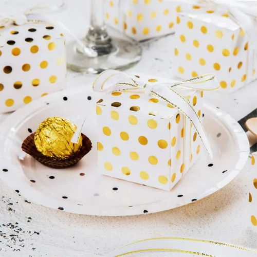Miniatura 4 de AWELL Caja de dulces de regalo blanca a granel con puntos dorados de 2 x 2 x 2 pulgadas con cinta para recuerdos de fiesta, puntos dorados, paquete