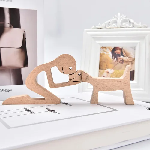 Miniatura 4 de ISHINE Wood Decor Wooden Statue Man and Dog Figurine Handmade Carved Creative Home Office Gift for Men Women Accents Decoration Natural ECO Friendly