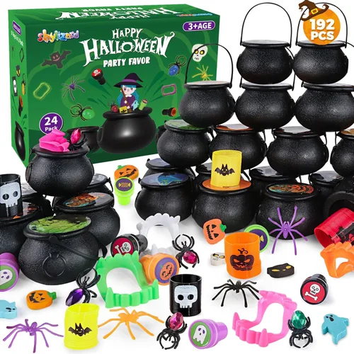 ShyLizard Recuerdos de fiesta de Halloween a granel para niños, paquete de 24 calderos de bruja precargados con juguetes de Halloween para