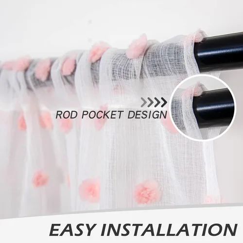 Miniatura 2 de MYSKY HOME Cortinas rosas para dormitorio de 63 pulgadas de largo, con pompones, cortinas traslúcidas blancas cortas para habitación de niños
