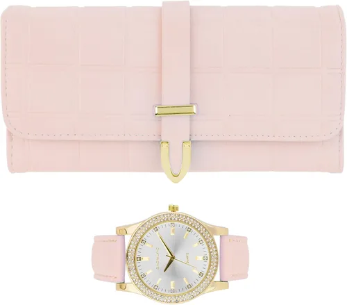 Miniatura 12 de Reloj de pulsera de cuero dorado para mujer y cartera de tres pliegues a juego