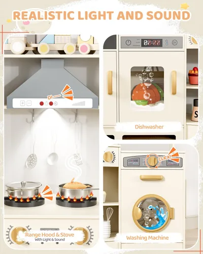 Miniatura 4 de MAMIZO Cocina de Juego de Esquina de Madera, Gran Juego de Cocina Interactivo Definitivo para Niños Pequeños de Simulación con Pizarra, Estufa