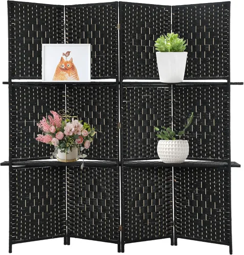 Divisor de habitación de 4 paneles, divisor de pantalla de madera plegable, separador de partición de madera con estantes de almacenamiento