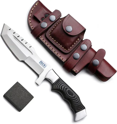 Miniatura 10 de GCS - Cuchillo de caza de acero D2 hecho a mano G10, mango fijo, cuchillo de hoja fija, mano derecha, funda de cuero de búfalo y piedra de afilar