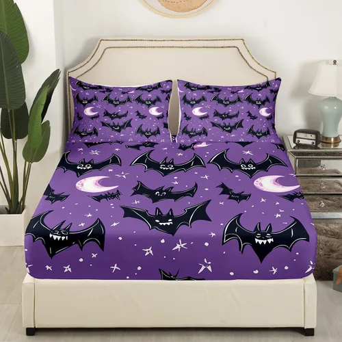 Miniatura 3 de Lindas sábanas de murciélagos tamaño individual, juego de sábanas de Feliz Halloween para niños y niñas, Kawaii cielo estrellado estrellas luna