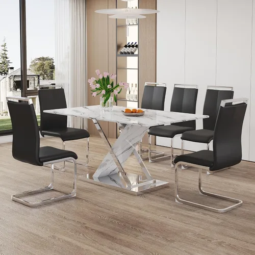 Miniatura 19 de Juego de mesa de comedor de mármol para mesa rectangular blanca de 4.63 pulgadas con marco de metal plateado en forma de X y 4 sillas de comedor