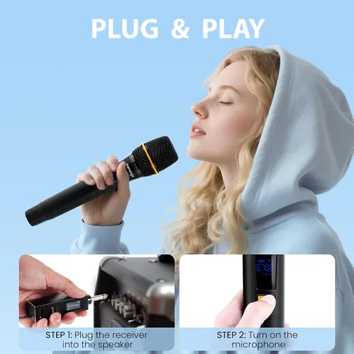 Miniatura 8 de Micrófonos inalámbricos, micrófono profesional UHF de metal dual para karaoke inalámbrico con receptor recargable (260 pies), conectar y usar