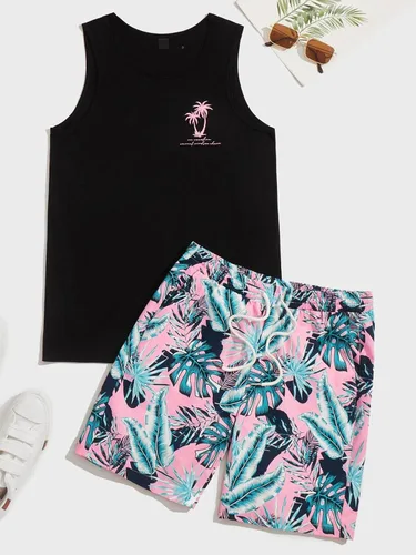 Miniatura 3 de GORGLITTER Conjunto de 2 piezas para hombre, con estampado floral, cintura elástica, pantalones cortos sin mangas