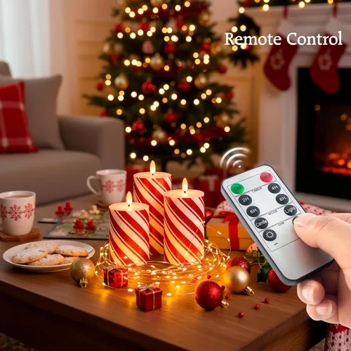 Miniatura 5 de Velas LED de pilar con purpurina de rayas rojas, velas de cera real sin llama para Navidad, vacaciones, decoración de fiesta en el hogar, juego de 3