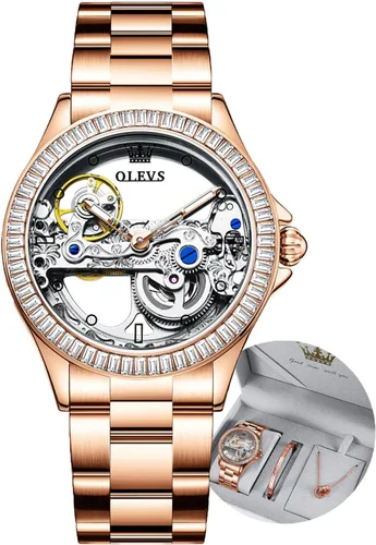 Miniatura 8 de OLEVS Reloj de mujer con diseño de esqueleto, mecánico automático, plateado, de lujo, impermeable, luminoso, conjunto de regalo