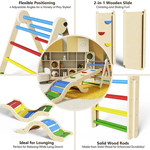 Miniatura 6 de doowroodni Conjunto de Triángulo Pikler 7 en 1 Juguetes de Escalada para Niños Pequeños Interior Plegables Juguetes de Escalada para Bebés de Madera