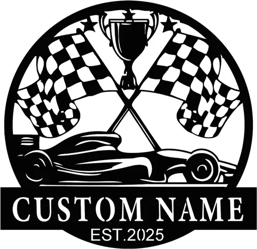 Miniatura 9 de Letrero de metal personalizado con bandera de carreras a cuadros, arte de pared de metal personalizado, letrero de nombre con monograma de bandera a