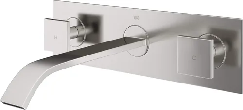 VIGO Titus - Grifo de baño con dos manijas de 3.125 pulgadas de alto en níquel cepillado, grifo de montaje en pared, válvula empotrada incluida