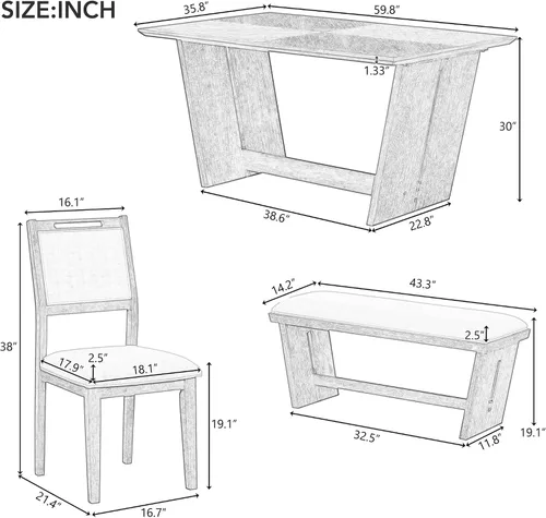 Miniatura 3 de Merax Juego de comedor retro de 6 piezas, 1 mesa rectangular con base de mesa trapezoidal estable y 4 sillas tapizadas y 1 banco para comedor