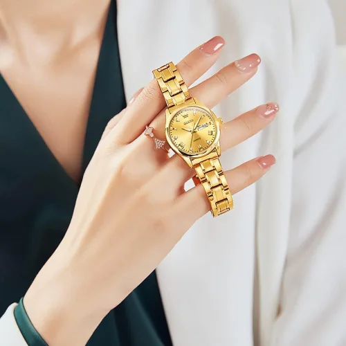 Miniatura 3 de OLEVS Reloj de pulsera para mujer clásico elegante con diamantes dorados de acero inoxidable impermeable para día