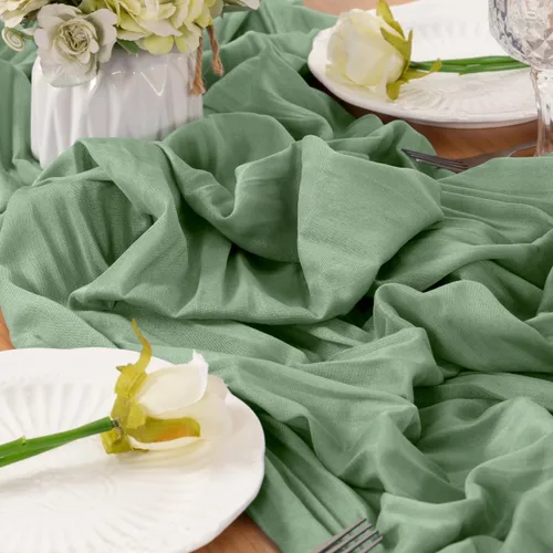 Miniatura 6 de LINXTAR Camino de mesa de gasa verde salvia de 160 pulgadas, 14 pies, gasa de verano, bohemio, camino de mesa para boda, fiesta de té, baby shower