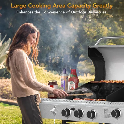 Miniatura 7 de Barbacoa de 3 quemadores de gas propano con quemador lateral, parrilla de barbacoa de acero inoxidable con rejillas de hierro fundido esmaltadas