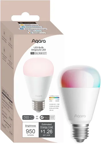 Aqara Thread/Zigbee - Bombilla LED inteligente T2 E26, blanco sintonizable (2000K-9000K), bombilla RGB que cambia de color con 16 millones de