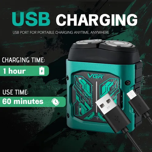 Miniatura 6 de VGR Mini afeitadora eléctrica 344 – Navaja giratoria recargable por USB de doble anillo, afeitadora facial portátil IPX6 húmeda y seca para hombres