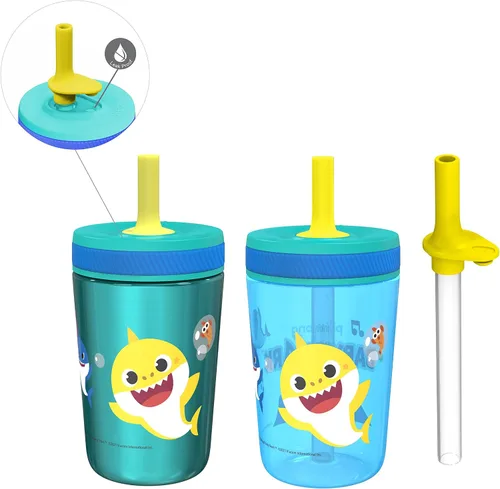 Zak Designs Baby Shark Kelso - Juego de vasos con tapa de rosca a prueba de fugas con pajilla, paquete para niños, incluye vasos de plástico y acero