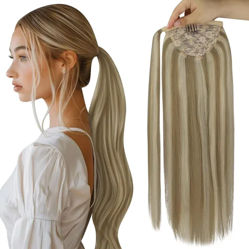 Miniatura 18 de Full Shine - Extensión de cola de caballo con clip, color marrón oscuro con mechas rubio miel, extensión de cabello humano real para mujeres, 14