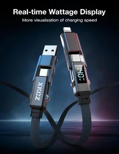 Miniatura 3 de XKCZ Cable USB C 4 en 1 con pantalla de potencia, cable de carga múltiple trenzado de nailon plano de 140 W con sincronización de datos, cable